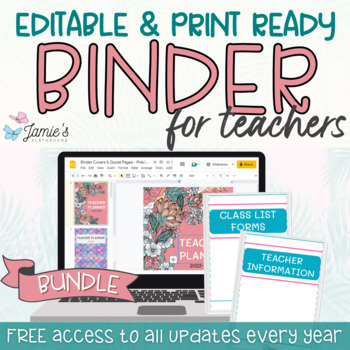 Preview of Editable Teacher Binder and Planner 2023 | FREE Updates Every Year | Pink & Teal