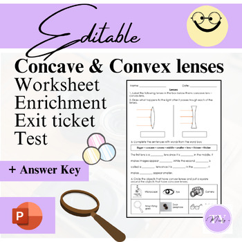 Preview of Missty's EDITABLE Concave & Convex lenses Worksheet / Test / Exit Ticket