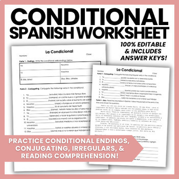 Preview of EDITABLE Conditional Tense Spanish Practice Worksheet | Práctica la Condicional