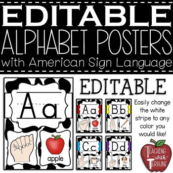 Preview of EDITABLE Cow Print Alphabet Posters with American Sign Language