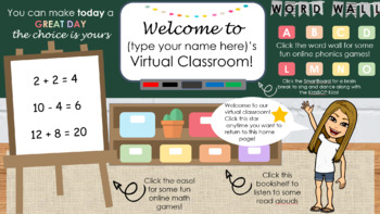 Preview of EDITABLE DISTANCE LEARNING VIRTUAL CLASSROOM! Read alouds and games included!