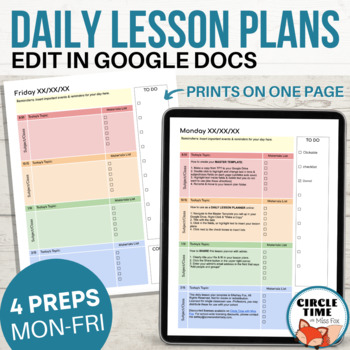 Preview of EDITABLE Daily Lesson Plan Template for Google Docs, 4 Subject Printable Planner