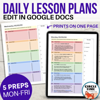 Preview of EDITABLE Daily Lesson Plan Template for Google Docs, 5 Subject Printable Planner