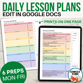Preview of EDITABLE Daily Lesson Plan Template for Google Docs, 6 Subject Printable Planner