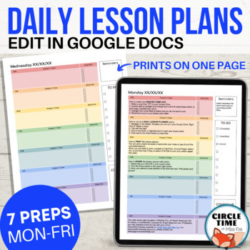 Preview of EDITABLE Daily Lesson Plan Template for Google Docs, 7 Subject Printable Planner