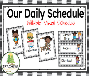Preview of EDITABLE Daily Visual Schedule Cards - Black & White Buffalo Plaid Farmhouse