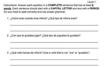 Preview of EDITABLE Differentiated Writing Prompts and Rubric Imperfect Past Spanish