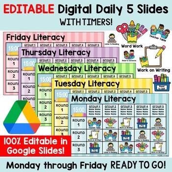 Preview of EDITABLE Digital Daily 5 Slides with Timers [Google Slides] Centers & Rotations