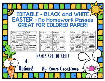 Preview of EDITABLE Easter No Homework Passes - Black and White for Colored Paper Option