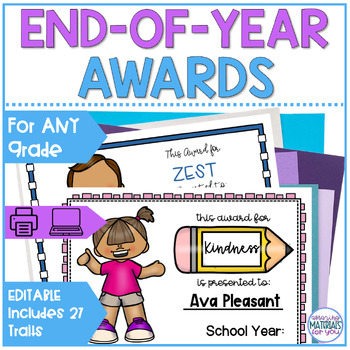 Preview of EDITABLE End of Year Character Awards ANY Grade