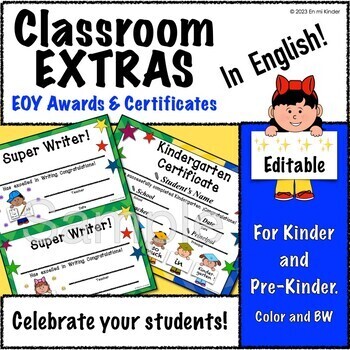 Preview of EDITABLE End of Year Certificates and Awards for Kindergarten y Pre-Kindergraten