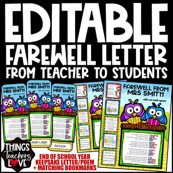 Preview of EDITABLE End of Year Letter, Teacher to Students Keepsake Poem and Bookmark Set