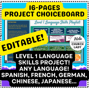Preview of EDITABLE End of Year Level 1 Language 16page Project Choice Board Spanish French