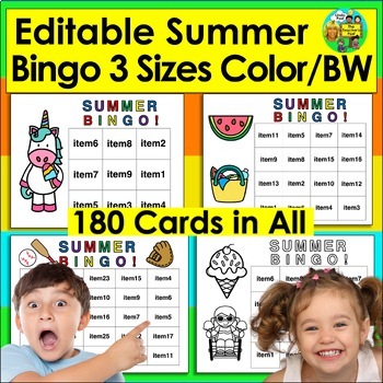 EDITABLE End of Year SUMMER Bingo 6 Differentiated Sets 180 Cards