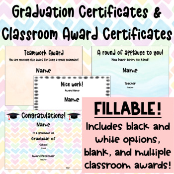 Preview of EDITABLE FILLABLE Graduation and Classroom Certificates | Rainbow Theme