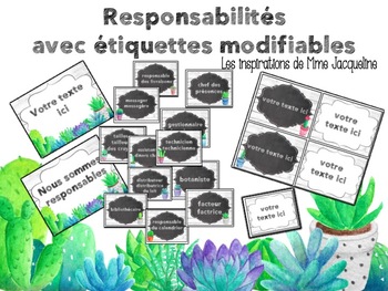 Preview of EDITABLE FRENCH job chart-Responsabilités-Cactus, chalkboard, whitewood