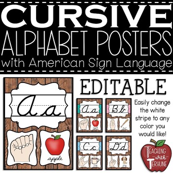 Preview of EDITABLE Farmhouse Wooden Shiplap Alphabet Posters {Cursive}