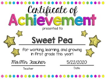 Preview of EDITABLE First Grade End of the Year Certificate of Achievement Award