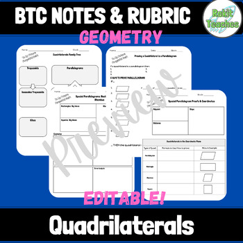 Preview of EDITABLE | Geometry: Quadrilaterals| BTC Notes & Rubric Template