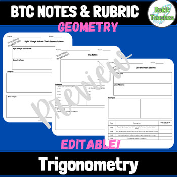 Preview of EDITABLE | Geometry: Trigonometry | BTC Notes & Rubric Template