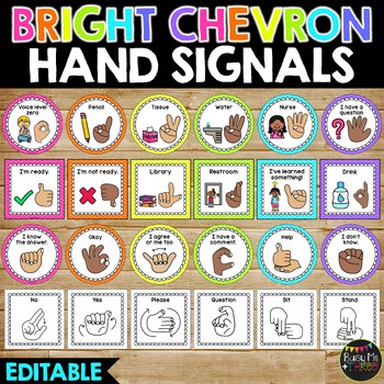 Preview of Bright Chevron Theme Hand Signals for the Classroom EDITABLE Signs
