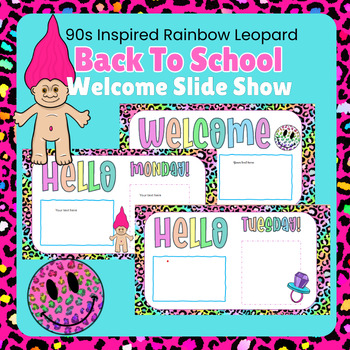 Preview of EDITABLE Lisa Frank Insp 90s Back To School Rainbow Leopard Welcome Retro Y2K