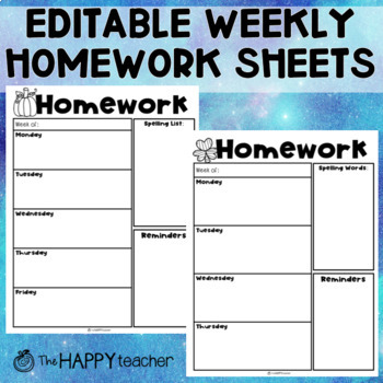 Preview of EDITABLE Homework Assignment Sheet {Weekly template}