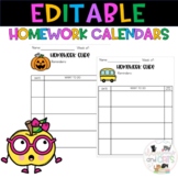 EDITABLE Homework Calendar Kindergarten
