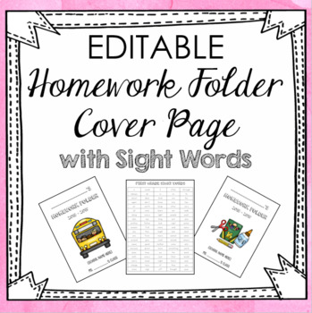 Preview of EDITABLE Homework Folder Cover Pages and Sight Words