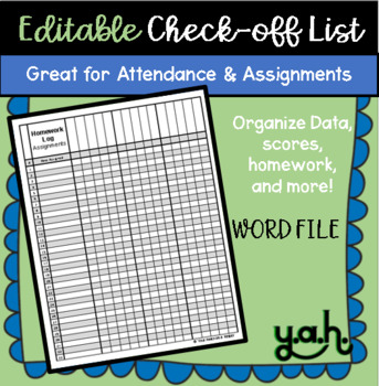 Preview of EDITABLE Homework Log and Student Check Off List (Free)