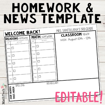 Preview of EDITABLE Homework & Newsletter Template