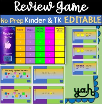 Preview of 52 EDITABLE slide Kinder TK Review Game Power Point no prep digital resource