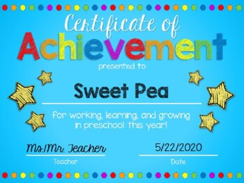 Preview of EDITABLE Preschool End of the Year Certificate of Achievement Award-Rainbow