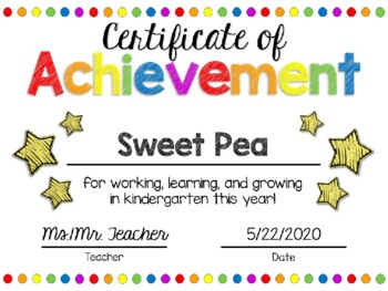 Preview of EDITABLE Kindergarten End of the Year Certificate of Achievement Award-Rainbow