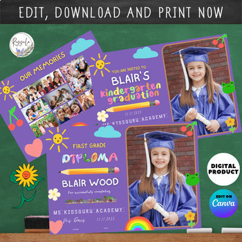 Preview of EDITABLE Kindergarten Graduation Diploma Set Invite Printable PreK Any Age Grad
