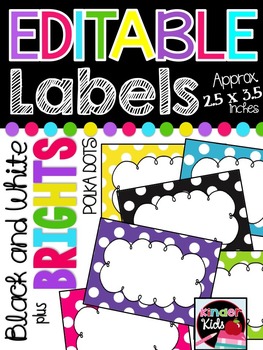 Preview of EDITABLE Labels {Black & White plus BRIGHTS} Polka Dots