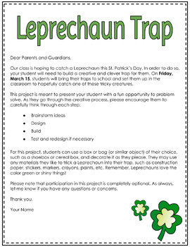 Preview of EDITABLE - Leprechaun Trap Letter Home