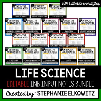 Preview of EDITABLE Life Science Interactive Notebook Input Notes Bundle