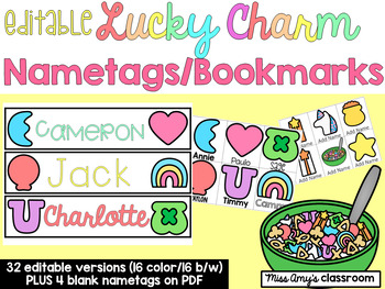 Preview of EDITABLE Lucky Charms Nametags/Bookmarks: St. Patrick's Day Bulletin Boards