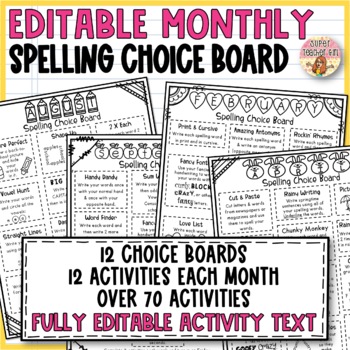Preview of EDITABLE MONTHLY Spelling Choice Board Menus: Practice Activities & Homework