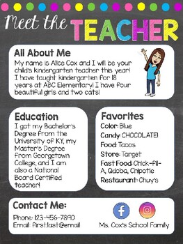 Preview of EDITABLE Meet the Teacher Letter Template-Chalkboard Brights