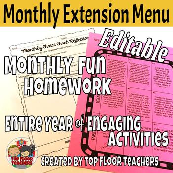 Preview of EDITABLE Monthly Fun Homework Choice Menu