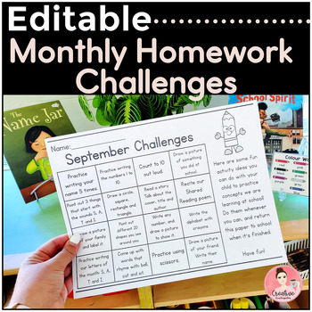 Preview of EDITABLE Monthly Homework Challenges for Kindergarten