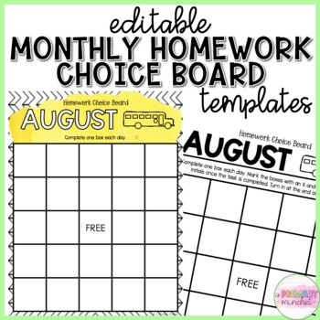 monthly homework choice board