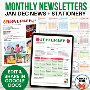 Preview of Newsletter Templates Google Docs, EDITABLE Monthly Calendar & Teacher Stationery