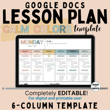 Preview of EDITABLE Monthly or Weekly 6-Column Digital Lesson Plan Template - Calm Colors