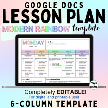 Preview of EDITABLE Monthly or Weekly 6-Column Digital Lesson Plan Template -Modern Rainbow
