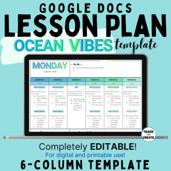 Preview of EDITABLE Monthly or Weekly 6-Column Digital Lesson Plan Template - Ocean Vibes