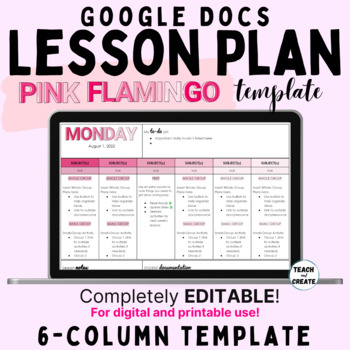 Preview of EDITABLE Monthly or Weekly 6-Column Digital Lesson Plan Template - Pink Flamingo