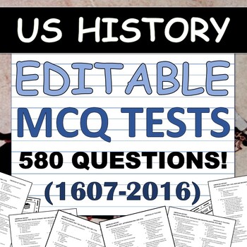 Preview of EDITABLE Multiple-Choice Tests - US History / American History - 1607-2016